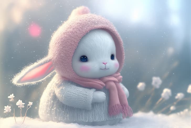 AI art, animals, rabbits, snow, winter, illustration