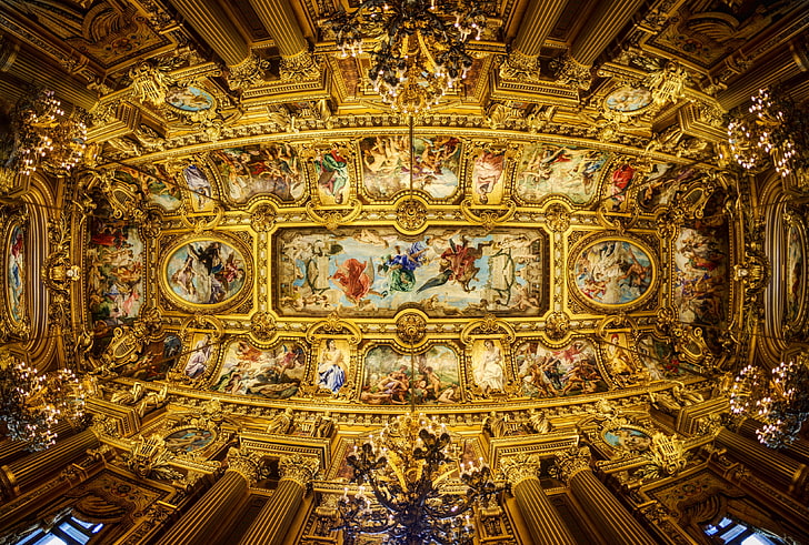 renaissance painting ceiling, the ceiling, columns, Opera Garnier, HD wallpaper