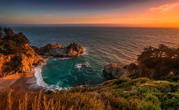 the ocean, rocks, coast, waterfall, Pacific Ocean, California, HD wallpaper