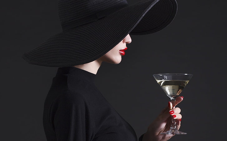 drink, women, model, face, hat, millinery, glass, alcohol, studio shot, HD wallpaper
