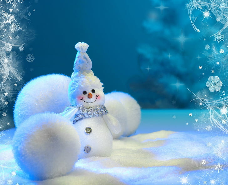 snowman, balls, snow, snowflakes, winter, new year, christmas, white snowman decor, HD wallpaper