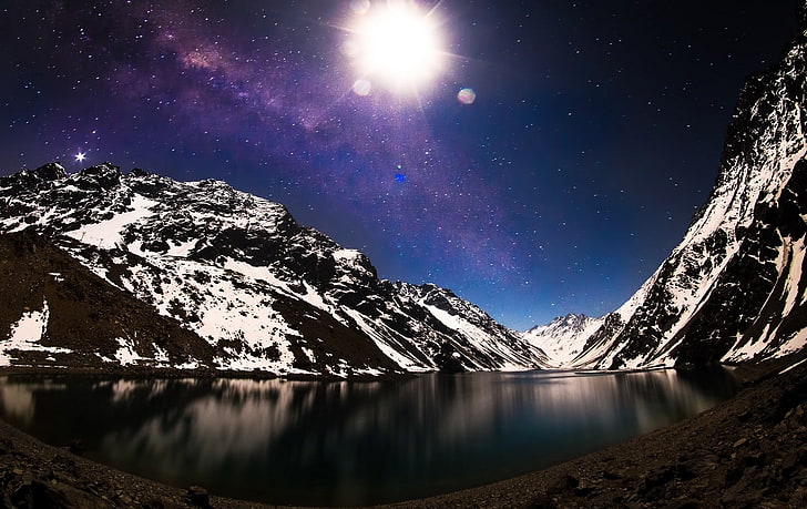 nature, landscape, lake, mountains, snow, Milky Way, galaxy, HD wallpaper