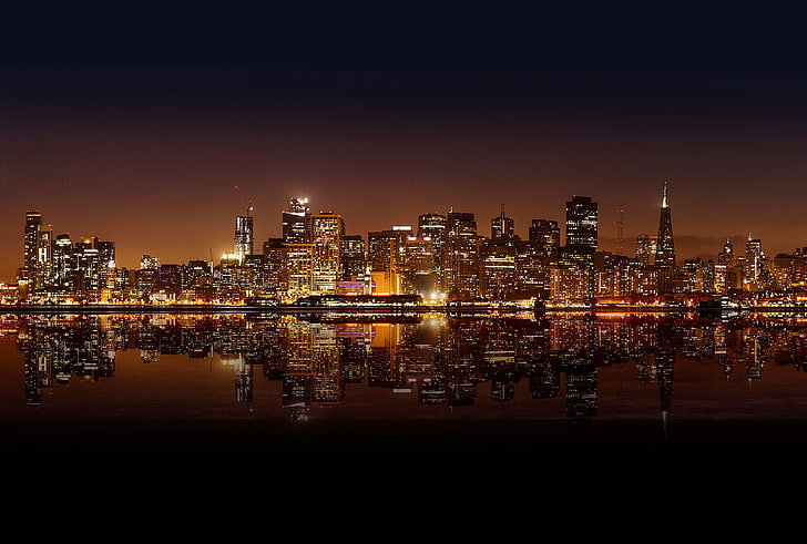 city lights reflected on body of water during night, cityscape, HD wallpaper