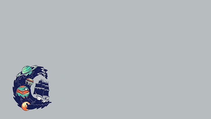 blue and white galleon ship illustration, minimalism, sailing ship