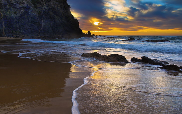 coast, nature, waves, beach, cliff, rock, sunset, landscape, HD wallpaper