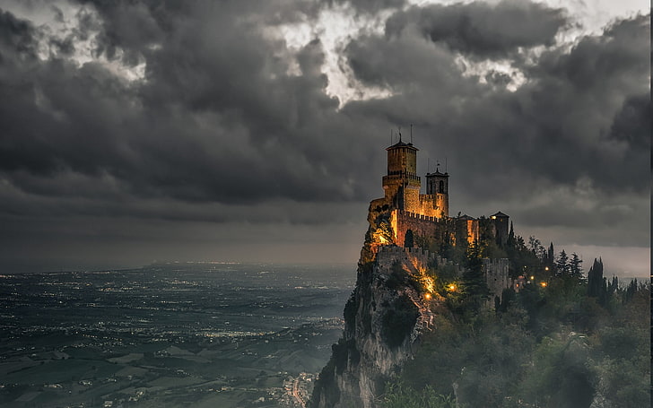 castle, clouds, landscape, Lights, mist, mountain, San Marino, HD wallpaper