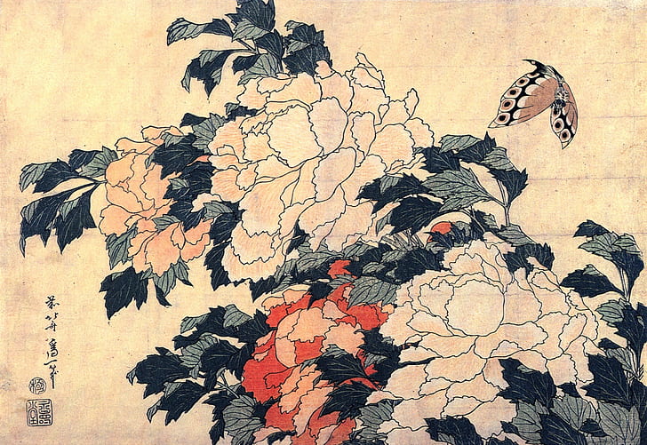 Hokusai, ink, artwork, plants, HD wallpaper
