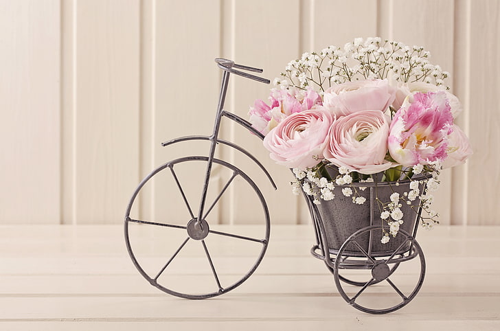 pink ranunculus flower arrangement, bike, bouquet, tulips, composition, HD wallpaper