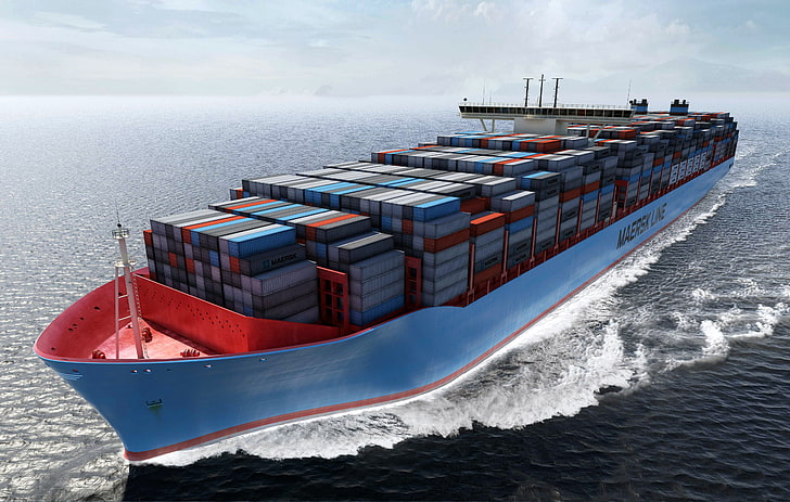 blue cargo ship, Water, Sea, Board, Case, The ship, Graphics, HD wallpaper