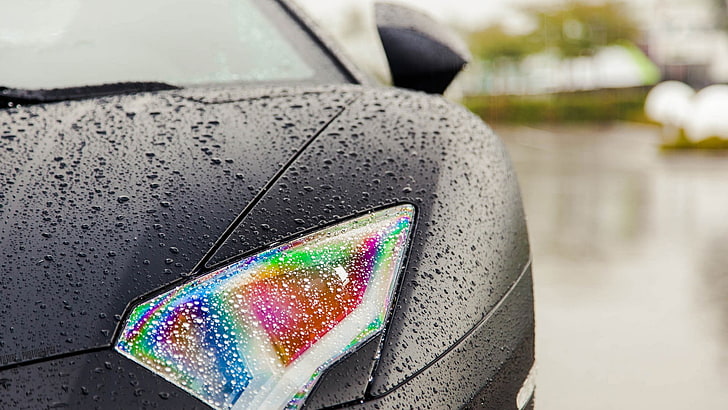 black car, Lamborghini, wet, rainbows, water, multi colored, close-up