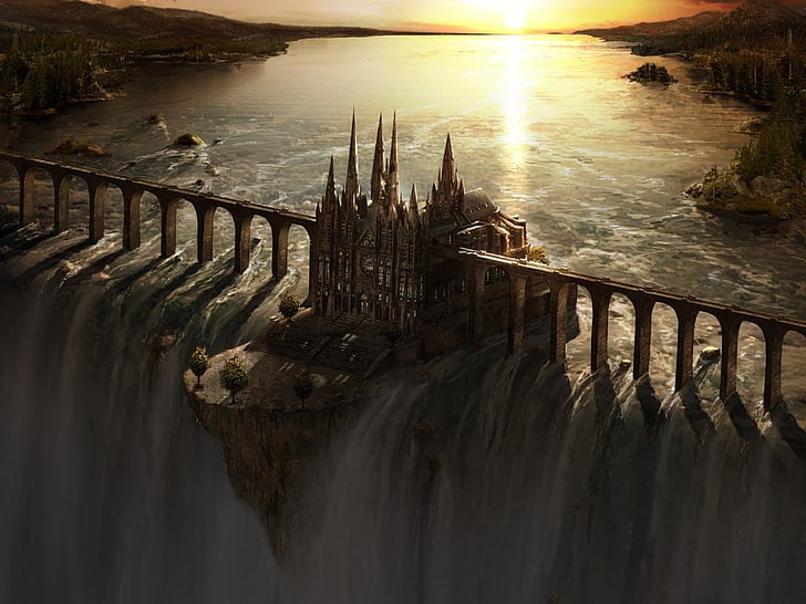 medieval castle digital art, fantasy art, waterfall, bridge, sunset, HD wallpaper