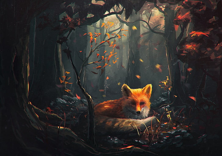 fox on forest painting, brown fox illustration, fall, fantasy art, HD wallpaper