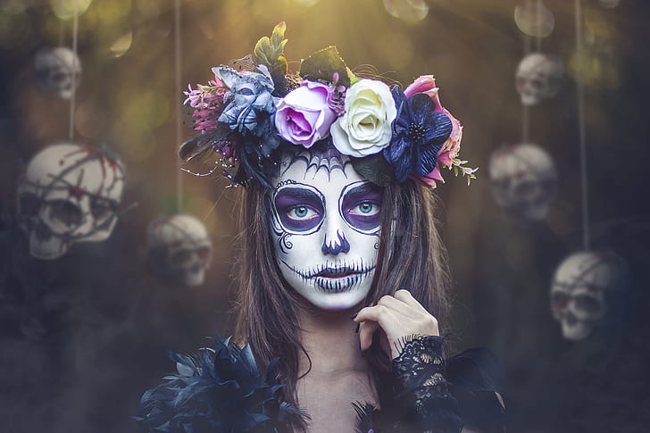 bones, Dia de los Muertos, fantasy girl, skull, women, face