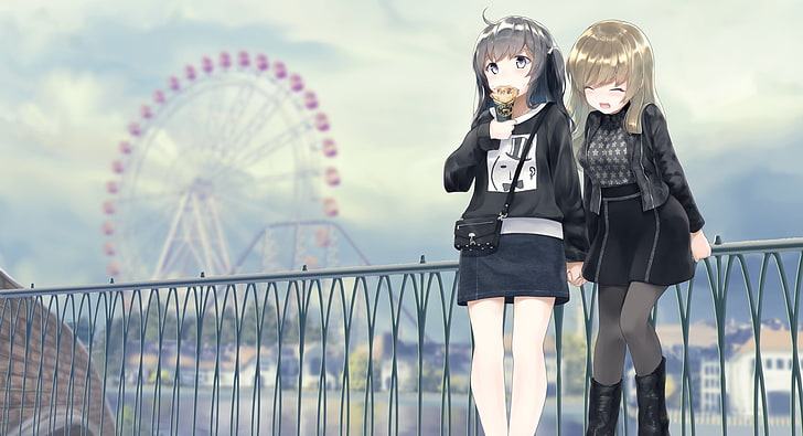 anime girls, holding hands, couple, yuri, blonde, amusement park