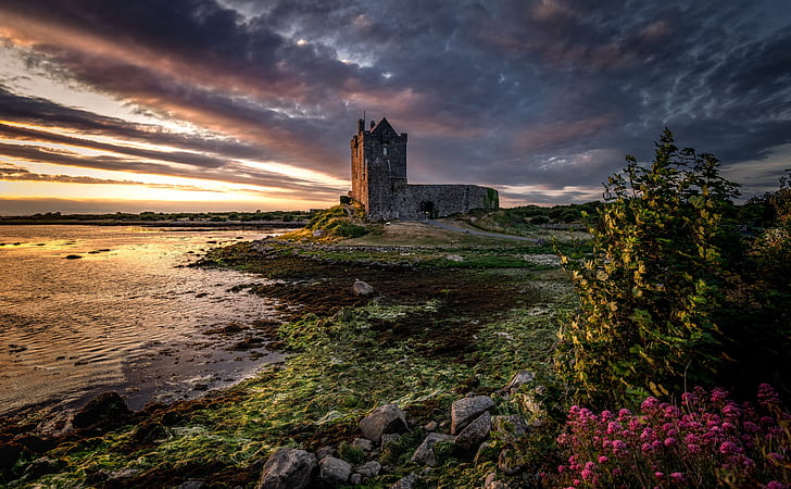 Sunset, Ireland, Galway, Dunguaire, Dunguaire Castle, HD wallpaper