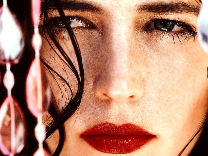 women's red lipstick, Eva Green, freckles, face, closeup, portrait