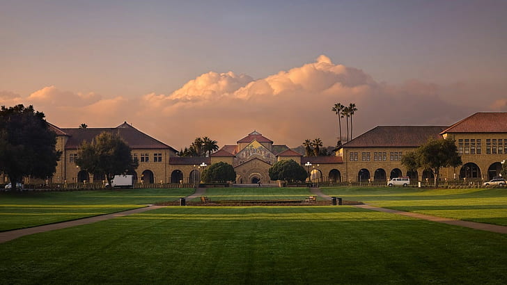 Stanford University HD, clouds, grass, green, hdr, yellow