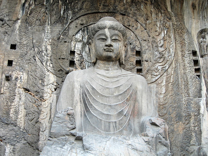 Gautama Buddha statue, longman grottoes, stone, drips, art and craft, HD wallpaper