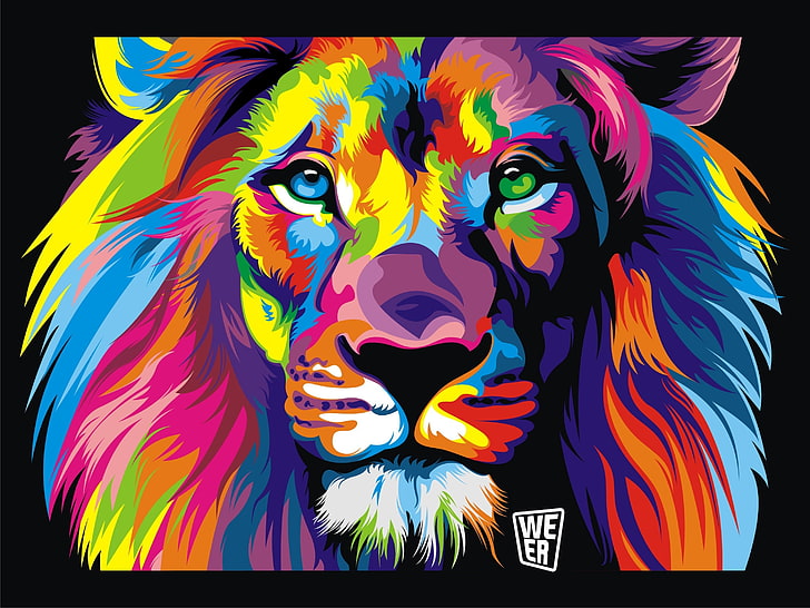 lion painting, colorful, black background, animals, artwork, digital art, HD wallpaper