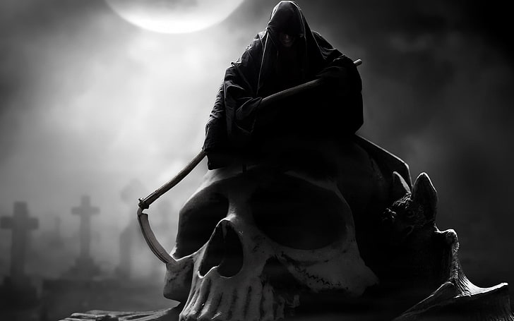 close up photo of human skull under grin reaper, death, artwork