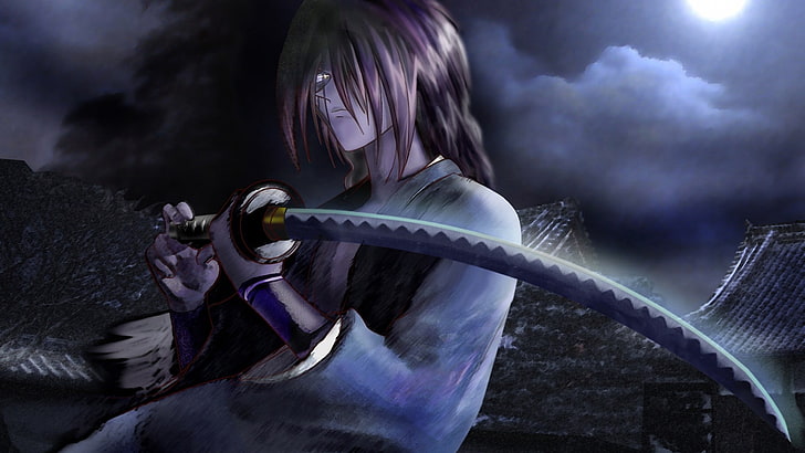 Himura Kenshin, Katana, night, Rurouni Kenshin, HD wallpaper