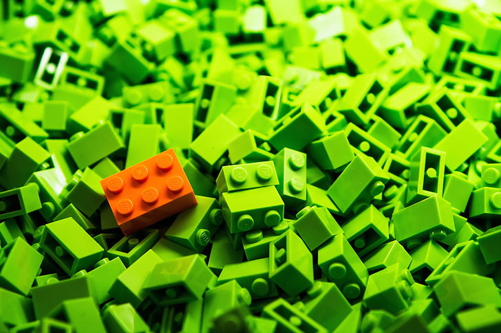 toys, LEGO, green color, large group of objects, selective focus