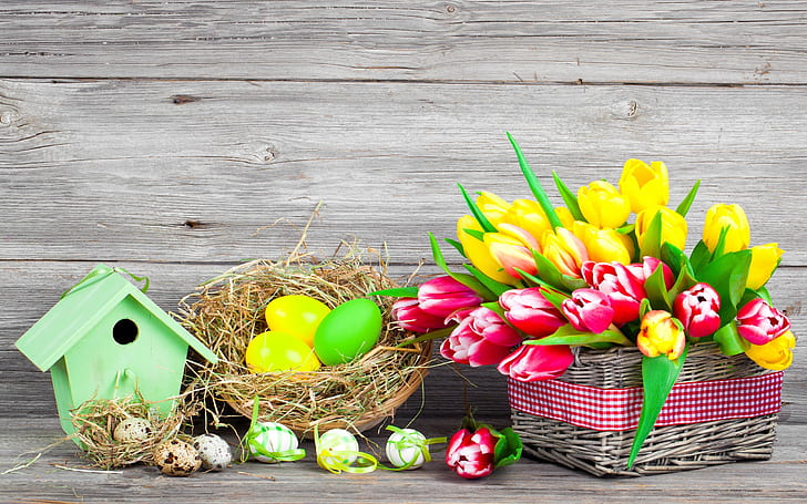 Easter, spring, flowers, eggs, colorful, red and yellow tulips, HD wallpaper