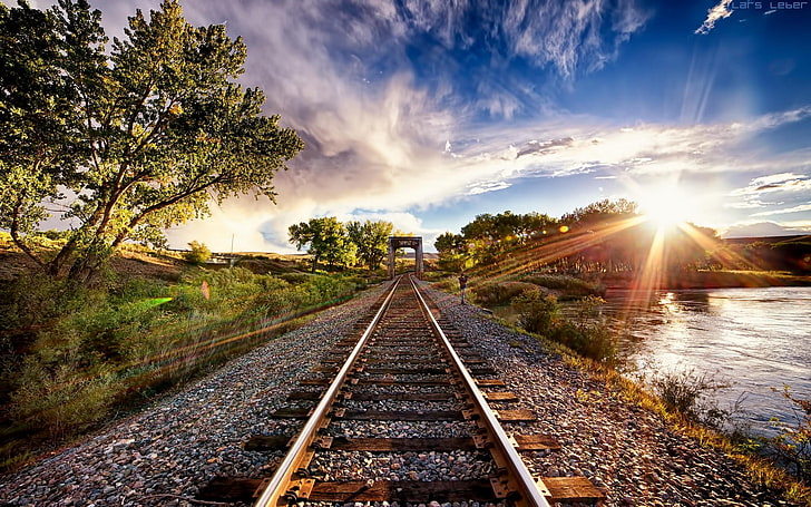 gray and brown railroad, nature, landscape, sunset, tracks, train, HD wallpaper
