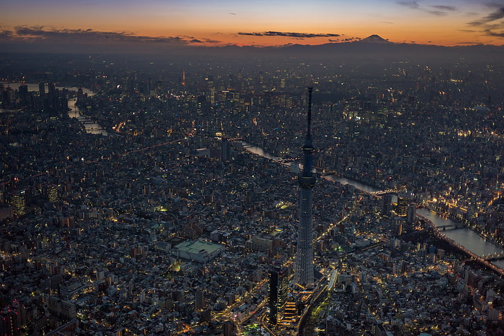 CN Tower, night, the city, Tokyo Skytree, Tokyo Tower and Mount, HD wallpaper