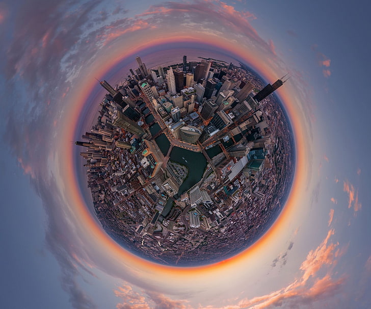 fish-eye photo of city, Chicago, panoramic sphere, cityscape