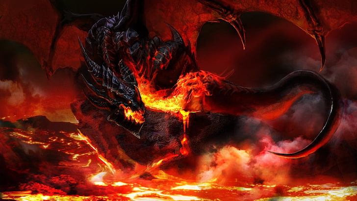 black and red dragon illustration, fire, Dragon Wings, fantasy art
