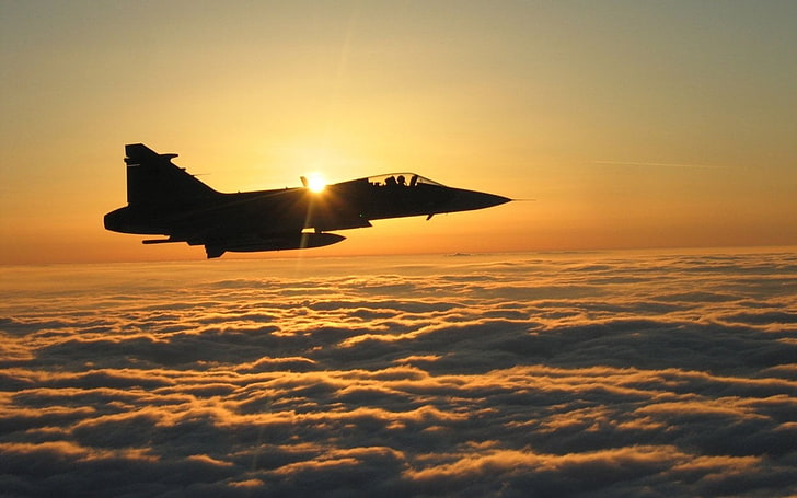 black fighter plane, Jet Fighters, Saab JAS 39 Gripen, sky, sunset, HD wallpaper