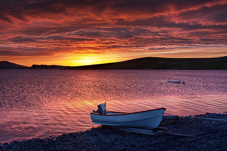 white boat on seashore during golden hour, Instagram, Photo, sunset