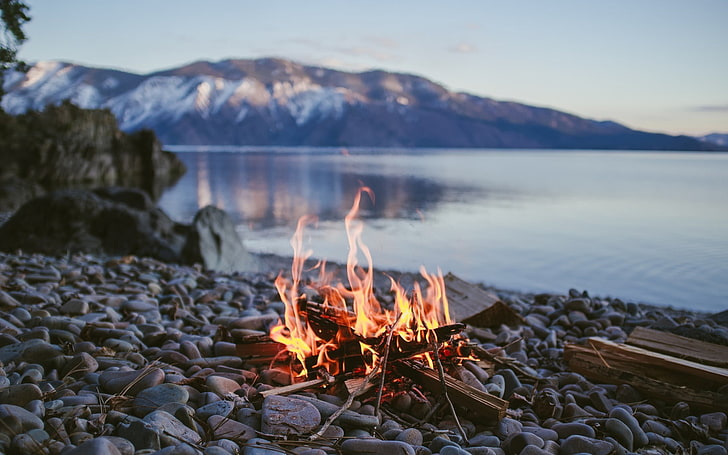 bonfire, nature, lake, burning, flame, water, heat - temperature, HD wallpaper
