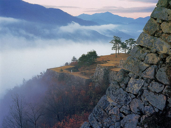 mountains, landscape, clouds, mist, stone wall, Asia