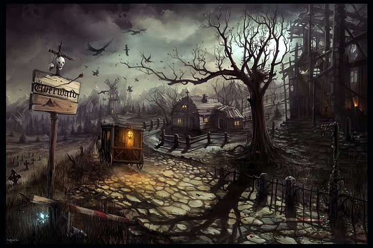hunted village digital wallpaper, Dark, Haunted, Creepy, Crow