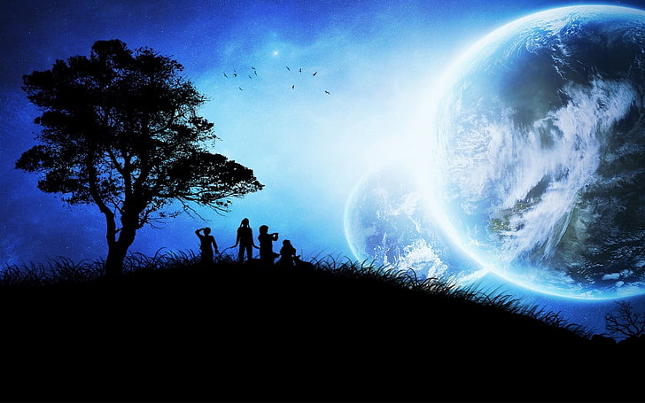 four person standing on grass in front of planets digital wallpaper