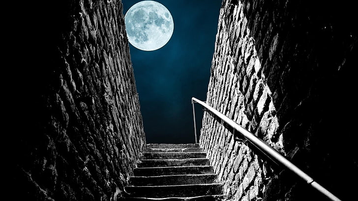 full moon, night sky, stairs, wall, brick, darkness, moonlit, HD wallpaper