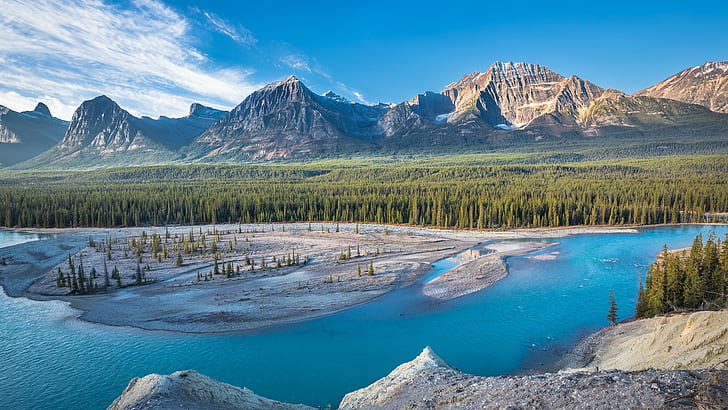 athabasca river, wilderness, mountain, canada, alberta, jasper national park, HD wallpaper