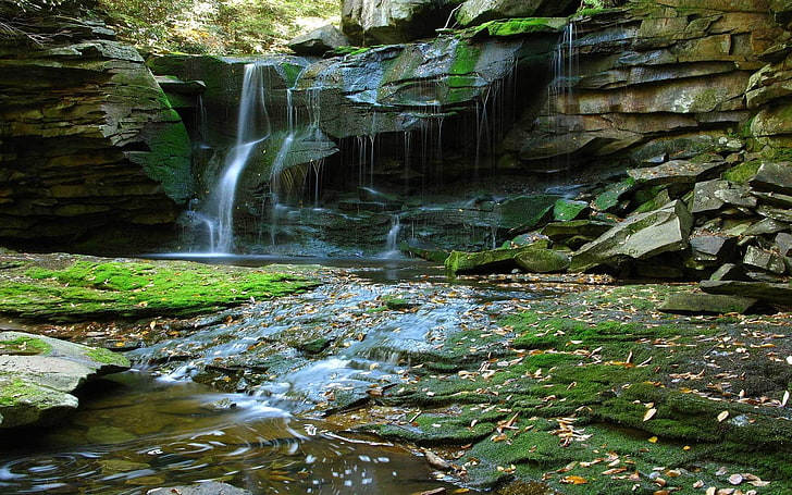 waterfalls, nature, green, moss, rock, beauty in nature, motion, HD wallpaper