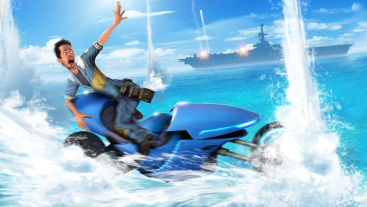 man riding motorcycle on water illustration, LocoCycle, Twisted Pixel