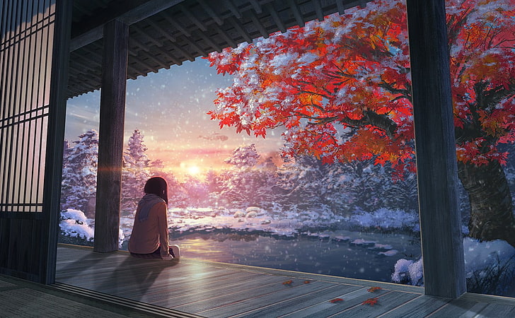 female anime character wallpaper, female anime character sitting in front of tree