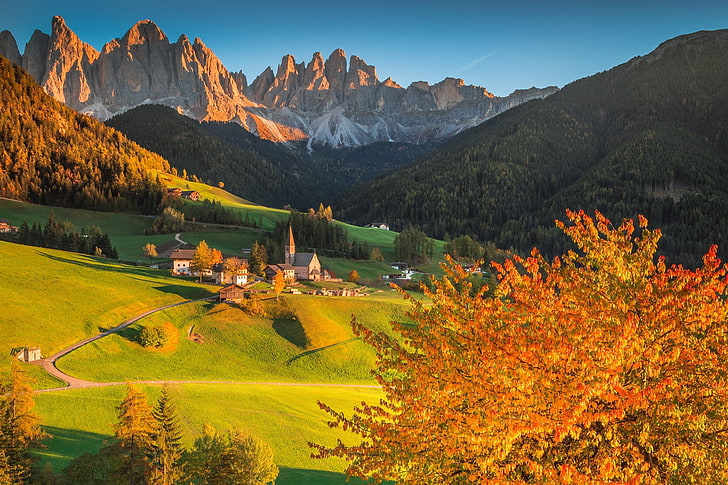 Funes Valley, Italy, autumn, forest, trees, sunset, mountains