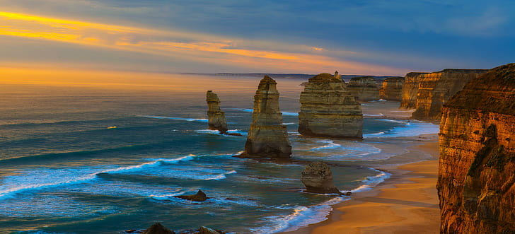 apostles, australia, coastline, great, limestone, ocean, road, HD wallpaper