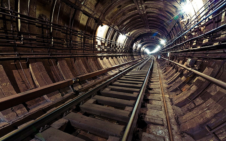 brown wooden tunnel, subway, architecture, lights, railway, underground