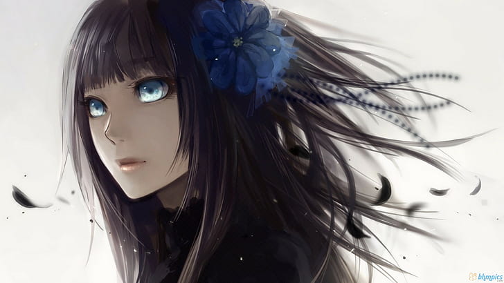 fantasy art, fantasy girl, blue eyes, flower in hair, face, HD wallpaper