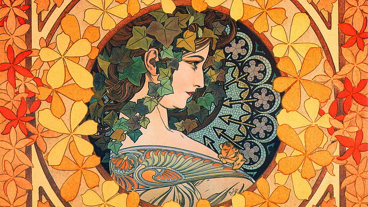 women, long hair, artwork, painting, Alphonse Mucha, leaves