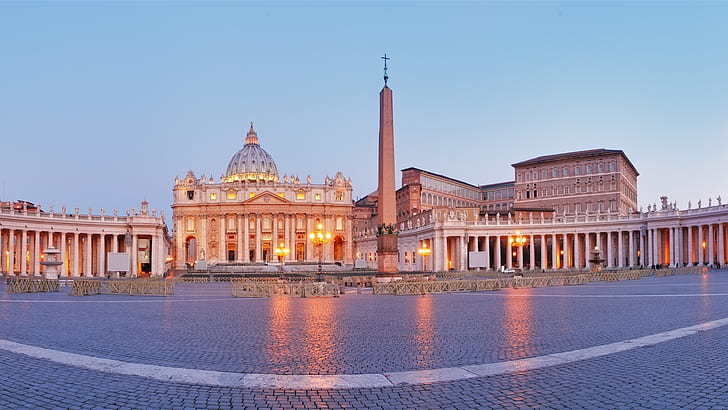 Vatican City, Rome, Italy, St Peter's Square, cathedral, obelisk, dusk, lights, st. peter basilica, vatican city