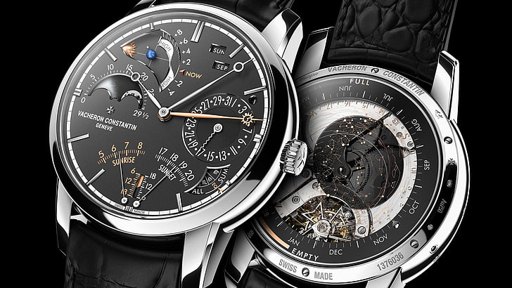 round silver chronograph watch with black leather strap, Vacheron Constanin, HD wallpaper