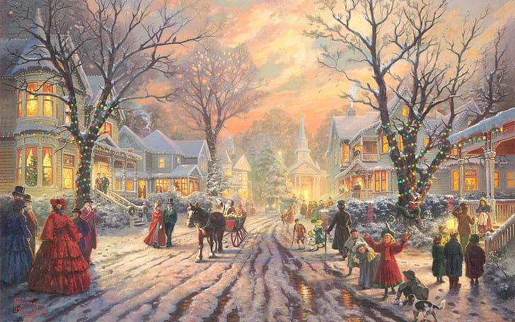 Snowy Street At Christmas, trees, sleigh, people, santa, winter, HD wallpaper